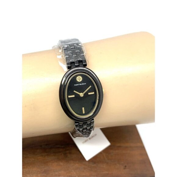 Tory Burch Women\'s Watch TBW6035 Oval Quartz Gold Black Dial Stainless Steel